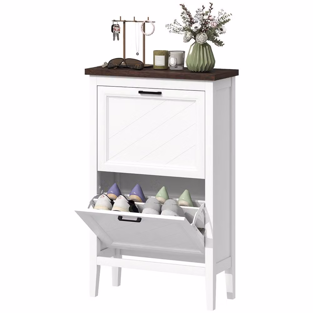 STILVORA Modern White Lacquered Shoe Cabinet with Tilting Compartments and Internal Shelves – 2