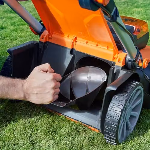 LawnMaster MX 24V Orange Cordless Lawnmower with 46cm Cutting Width, Rechargeable Battery, Collection Bag and Mulching Kit – 6