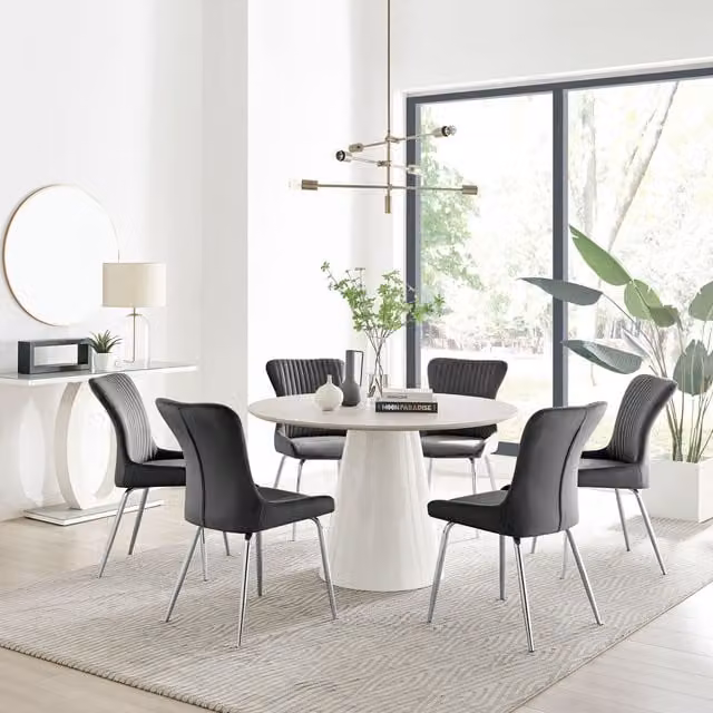 Furniturebox Palma Beige Stone Effect Round Dining Table and 6 Nora Silver Leg Chairs in Dark Grey