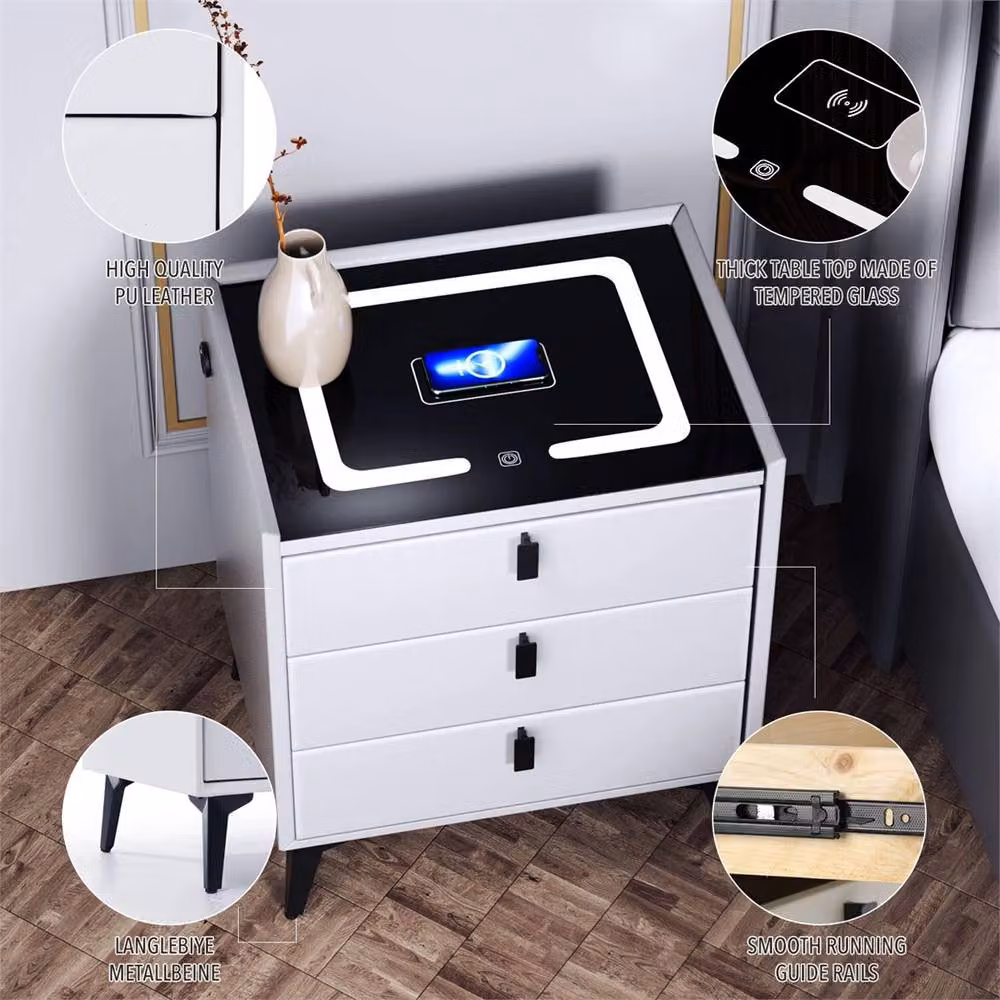 SPETLEK Modern White Glossy Bedside Table with Integrated LED Lighting and Wireless Charging – 3