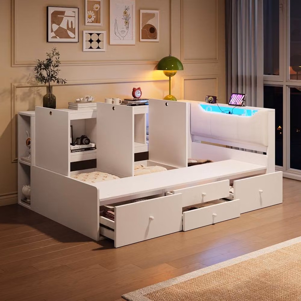 Rolipo Modern White Tatami Wooden Bed Frame with Underbed Storage, LED Lighting, USB Charging Port and Bedside Shelf, W/D/H: 140 x 200 cm – 2