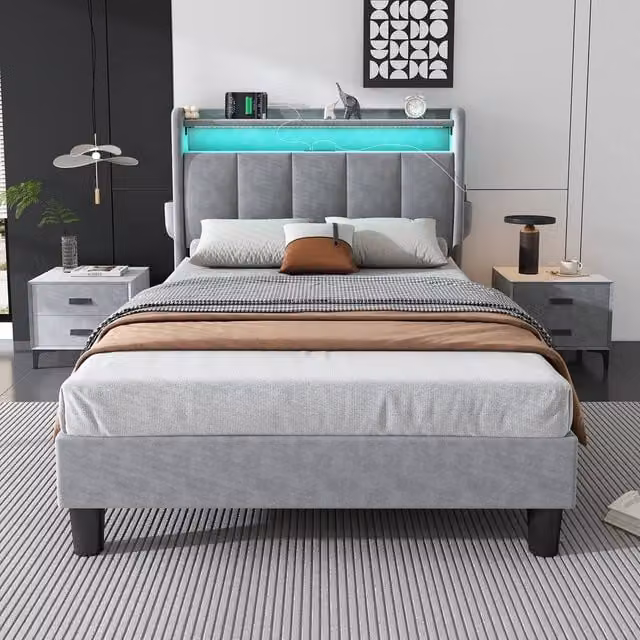Merax Single Upholstered Velvet Bed in Grey with USB Charging Ports and Bedside Storage Shelves, W/D/H: 90 x 190 x 107 cm