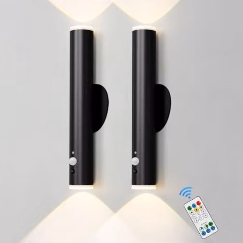 Harper Living Set of 2 Black LED Rechargeable Battery Operated Wall Lights with Motion Sensor, Remote Control, Dimmable and Timer Functions