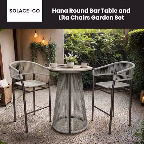 Solace+Co Hana Round Bar Table and Lita Chairs Garden Set in Brown – 2