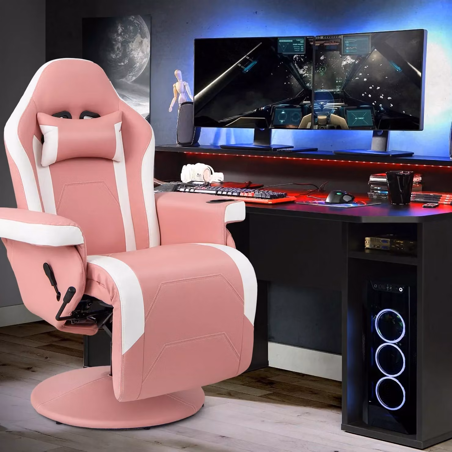 Costway Pink Massage Gaming Chair with Adjustable Height, Swivel Function and PU Leather Racing Recliner – 3