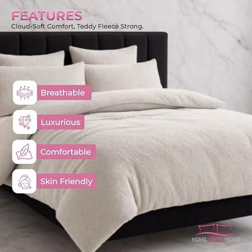 Home Sweet Home UK Teddy Bear Fleece Duvet Cover and Pillowcase Set in Beige, King Size (180 x 200 cm) – 6