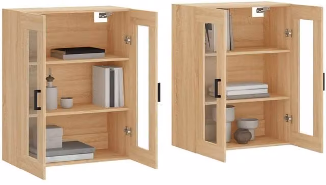 Berkfield Home Wall Mounted Cabinets with Glass Doors, 2 Piece Set in Sonoma Oak Light Oak Finish – 1