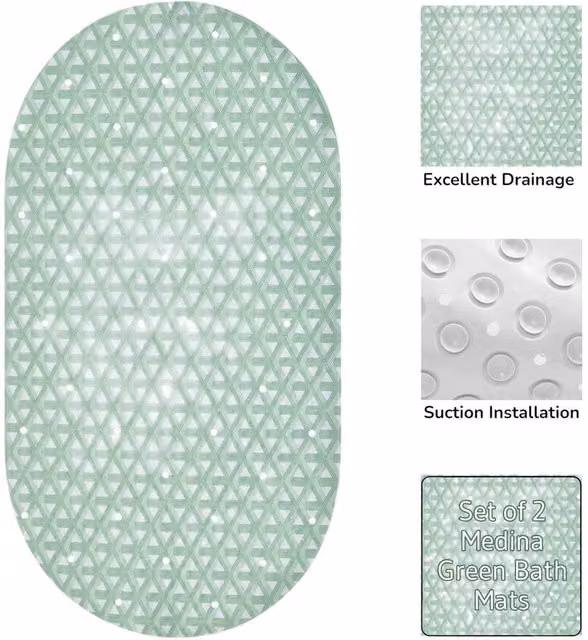 Showerdrape Medina Anti Slip PVC Bath Mat Set of 2 in Green, W: 69 cm, D: 36 cm