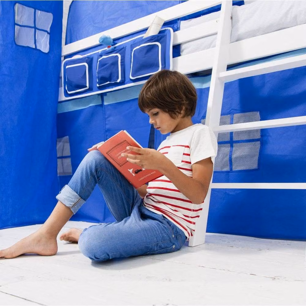 Nöa and Nani Moro Cabin Midsleeper Bed with Slide and Side Compartments, White and Blue, Single Size, 90 x 190 cm – 3