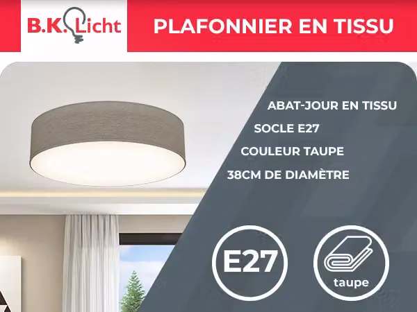 B.K.Licht Modern Fabric Cylinder Ceiling Light in Beige and White, 2 x E27 40W – 5