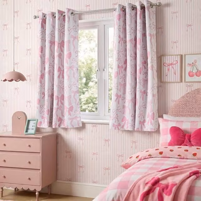 OHS Kids Bow Print Blackout Eyelet Curtain Panel in Pink, Width: 168 cm, Drop: 183 cm