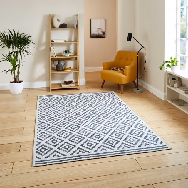 Terrys Grey Geometric Modern Flat Weave Polyester Rectangular Rug