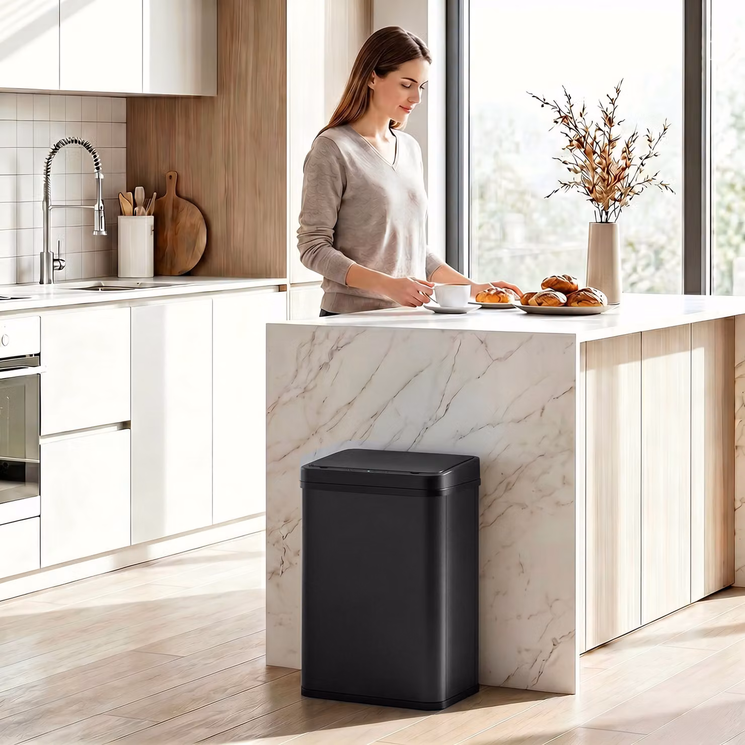 HOMCOM 40L Stainless Steel Automatic Motion Sensor Kitchen Bin with Soft-Close Lid, Black – 2