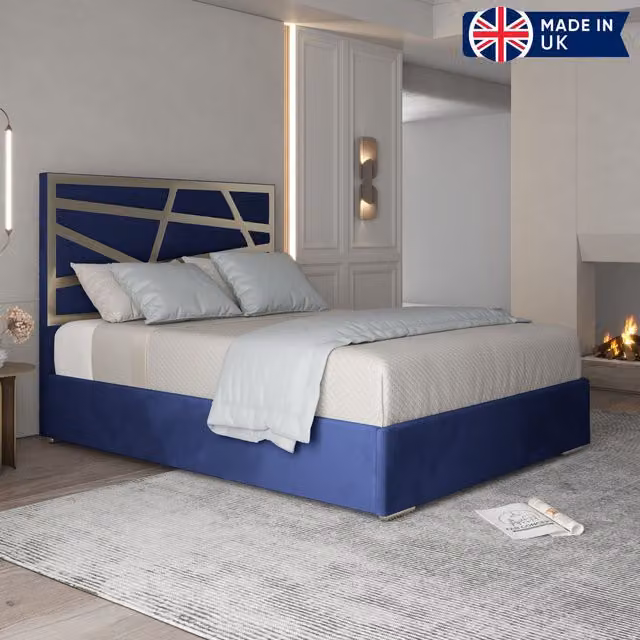Casani Modern Blue Velvet Upholstered Metal Bed Frame W/D/H: 140 x 200 x 127 cm (Height: 189 cm)