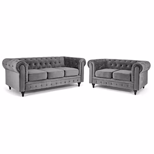 Bravich Grey Velvet Chesterfield 2 and 3 Seater Sofa Suite with Solid Wood Frame and Foam Cushions – 2