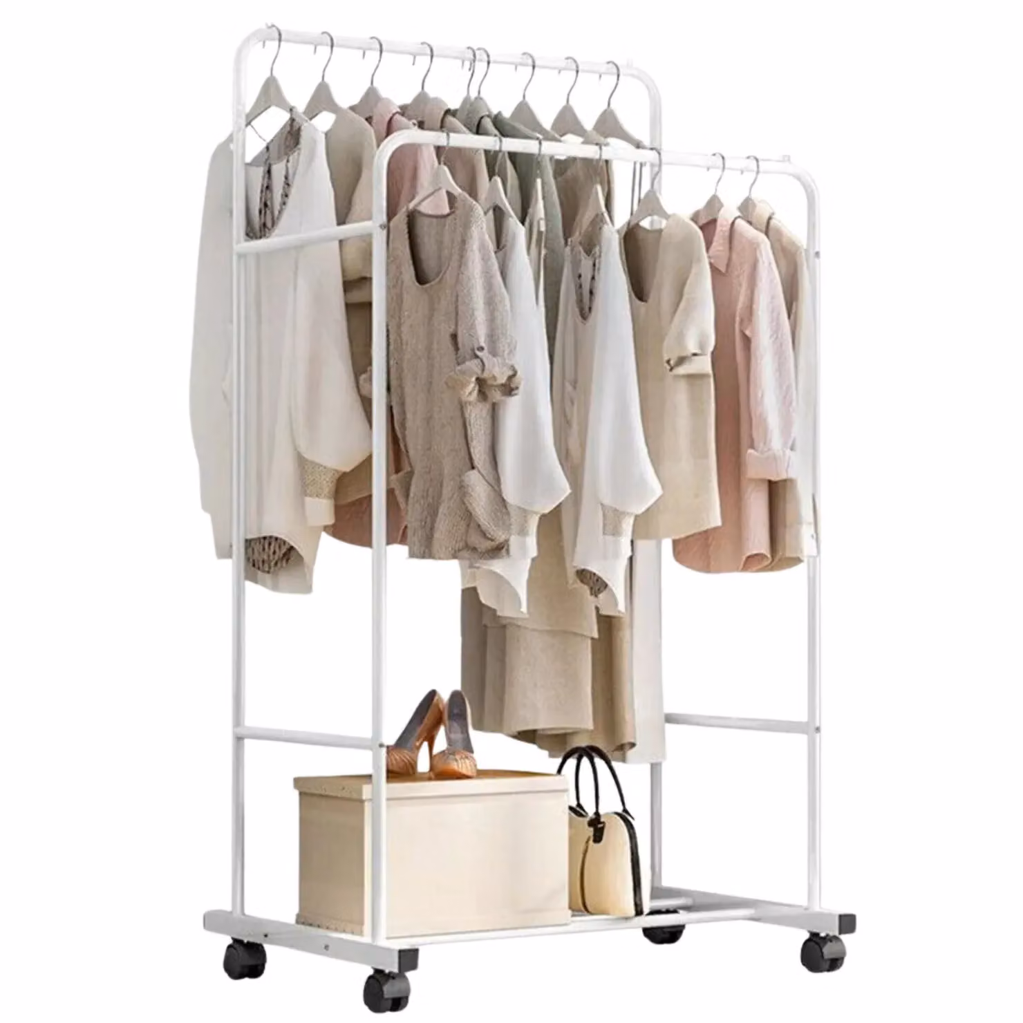 Pirlo Plush Heavy Duty Metal Clothes Rail Open Wardrobe with Storage Shelf on Wheels, White – 3