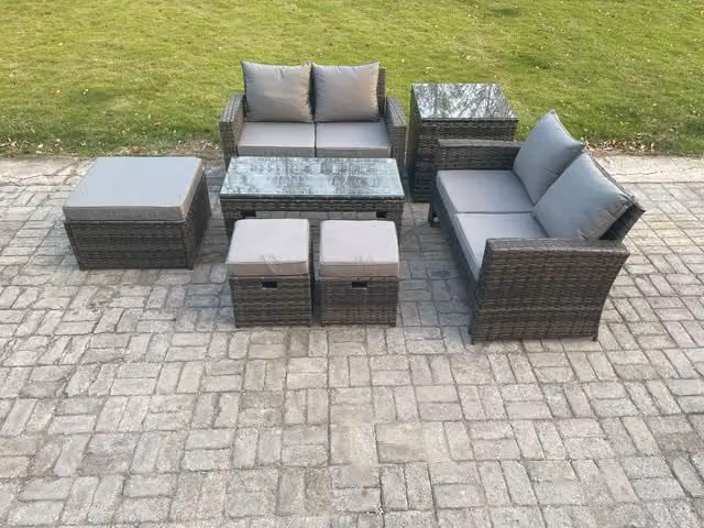 Fimous 7 Seater Rattan Garden Furniture Set in Dark Grey with High Back Sofas, Coffee Table, Side Table and 3 Footstools