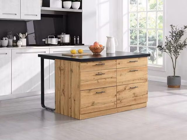 Vente-unique Industrial Kitchen Island with 6 Drawers in Black and Light MDF and Metal, W/D/H: 104 x 80 x 34 cm