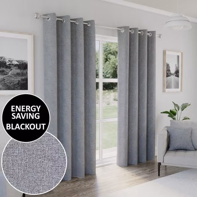 Enhanced Living Grey Thermal Insulating Blackout Eyelet Curtains, Width: 168 cm, Height: 229 cm