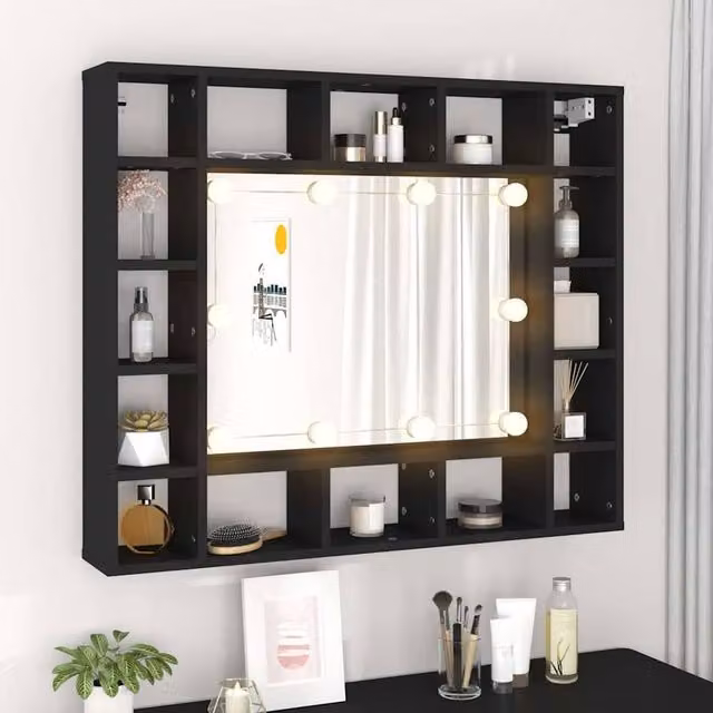 Berkfield Home Modern Black LED Mirror Cabinet with Integrated Lighting, W/D/H: 91 x 15 x 76.5 cm