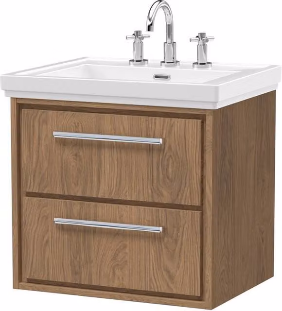 Balterley Longnor 2 Drawer Wall Hung Vanity Basin Unit in Antique Oak Brown, Width: 60 cm