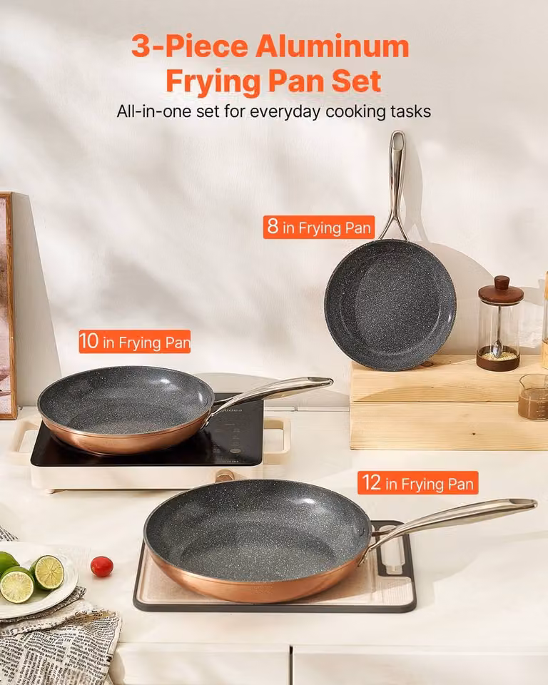 VEVOR 3 Piece Nonstick Ceramic Heavy-Duty Frying Pan Set in Grey and Copper