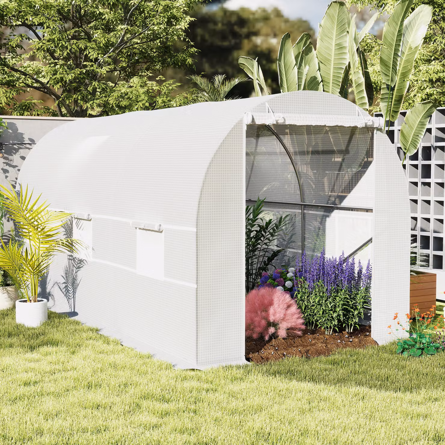 Outsunny White Walk-In Tomato Greenhouse and Large Vegetable Tunnel, W: 4.5 m, D: 2 m, H: 2 m – 2