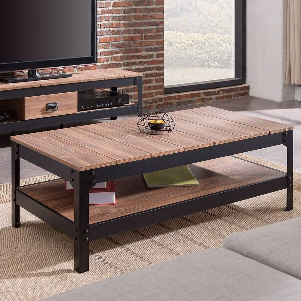 CALICOSY Industrial Black Metal and Brown Wood Coffee Table, W: 117.3 cm x D: 59.6 cm x H: 40.0 cm – 2