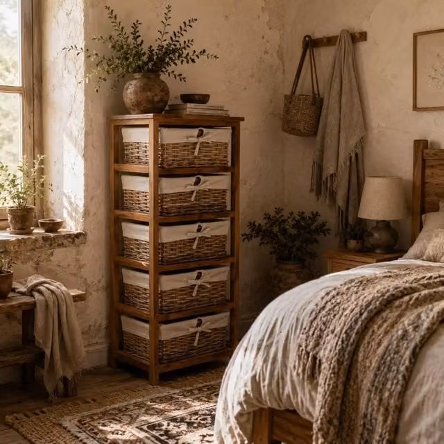 Wyld Haus Yorila 5 Drawer Chest with Natural Wicker Baskets in Sand and Brown