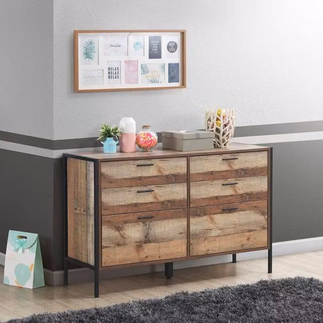 Timber Art Design Stretton Six Drawer Chest in Brown Oak and Black Industrial Style – 2