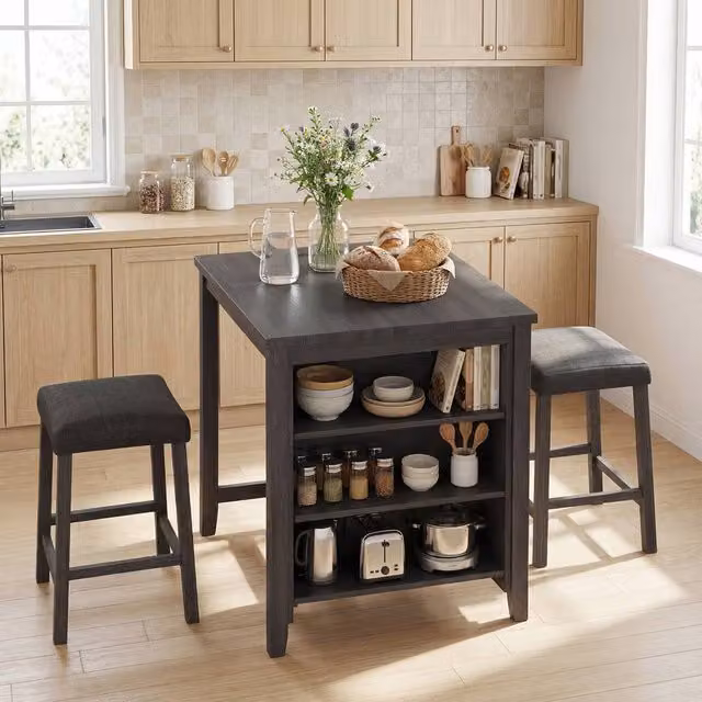 Costway 3-Piece Bar Table Set with 2 Stools and Power Outlet in Black – 1