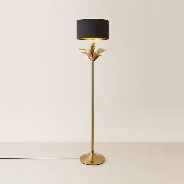 ValueLights Christina Palm Leaf Floor Lamp with Fabric and Metallic Cylinder Shade in Black, Gold and Beige