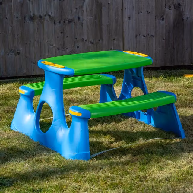 Samuel ALEXANDER Kids Outdoor Garden Patio Plastic Picnic Table and Bench, Blue and Multicolour, W: 48 cm – 1