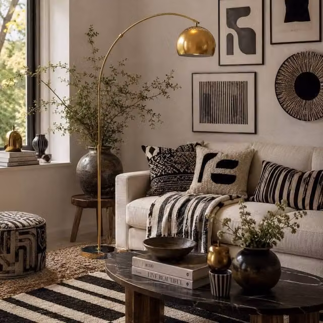 Wyld Haus Ketota Black and Gold Arc Floor Lamp with Adjustable Bell Shade, Height: 167 cm