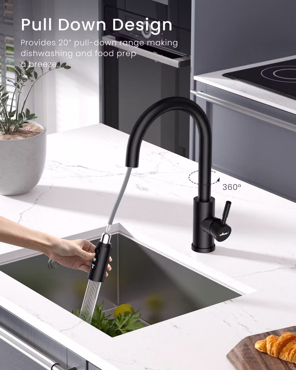 Appaso Black Stainless Steel Kitchen Mixer Tap with Single Lever and Pull Out Spray Spout – 3
