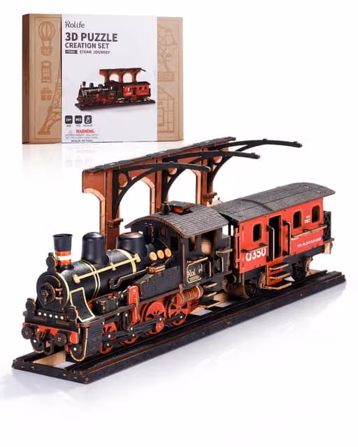Syntego Steam Journey 3D Wooden Puzzle Traditional Train Model Kit in Black, Red and Gold