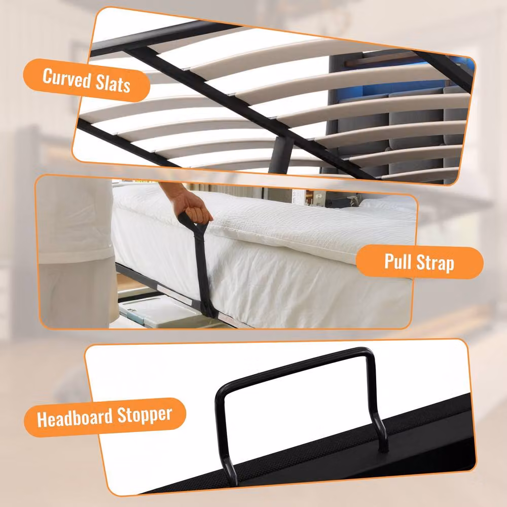 Rolipo King Size Storage Bed in Grey Linen with LED Lighting and USB Charging Port, W/D/H: 180 x 200 cm – 3