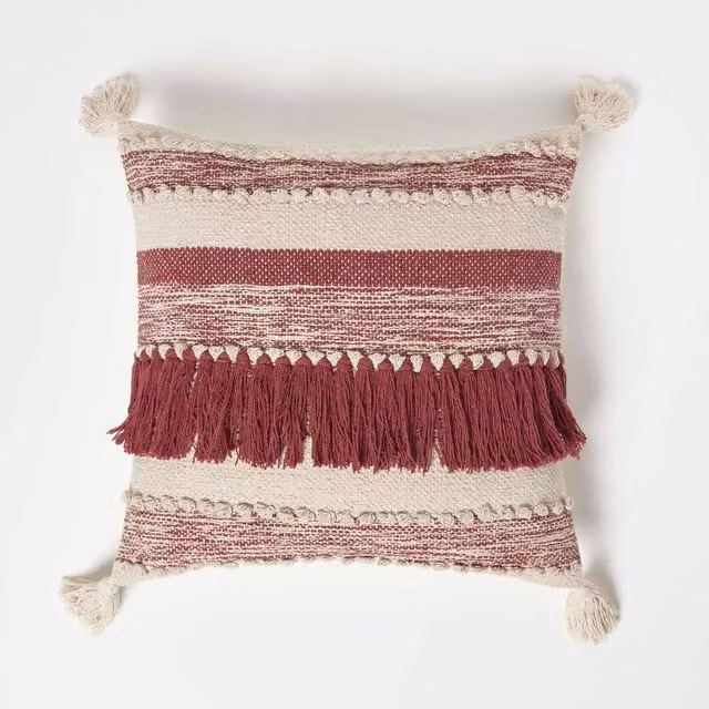 Homescapes Zadar Red Ethnic Striped Square Cotton and Wool Cushion