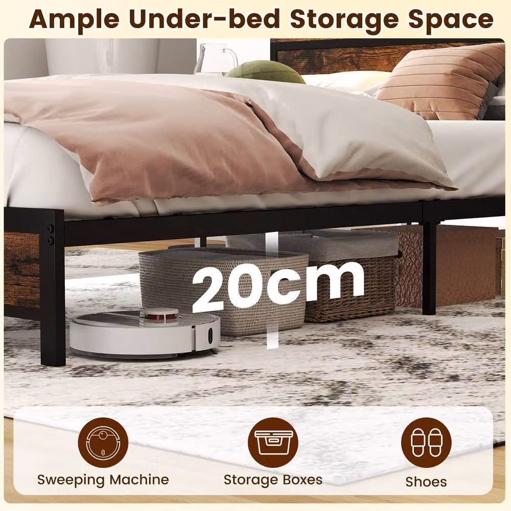 Costway Double Size Metal Platform Bed Frame in Brown with LED Lights, USB Charging Port and Side Compartments, W/D/H: 140 x 200 cm – 7