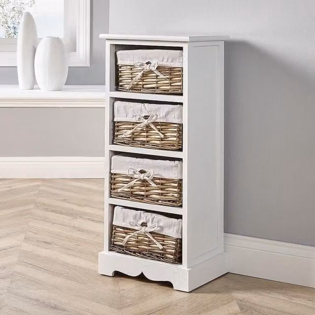 Home Source Lichfield 4 Wicker Basket Drawer Chest Storage Unit in White