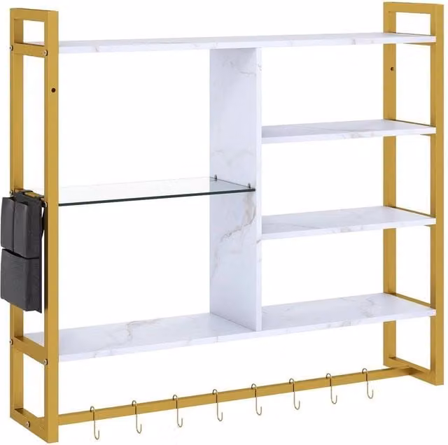VOGREX 6-Tier Industrial Wall Mounted Floating Shelves in White and Gold
