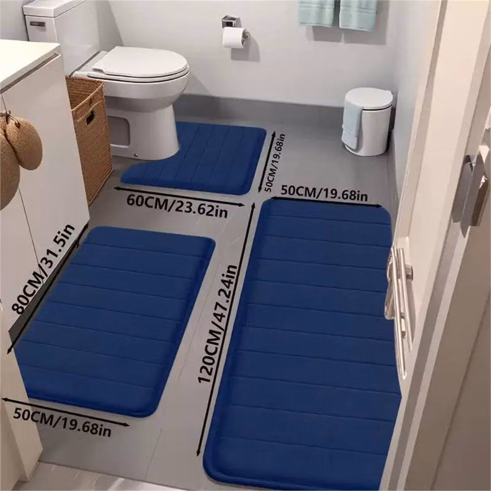 FLAVORA Blue 3-Piece Non-Slip and Quick-Drying Memory Foam Bath Mat Set – 3