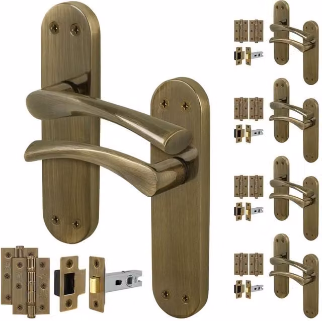 AFIT Antique Brass Twist Door Handle Latch and Hinges Set in Bronze, 5 Pairs, 150 x 150 mm