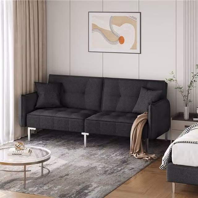 Yaheetech Convertible Black Fabric Sofa with 2 Pillows and Sleeping Function
