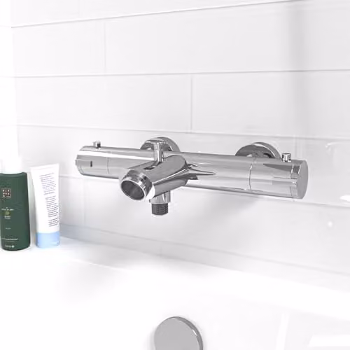 Nes Home Wall Mounted Thermostatic Chrome Bath Filler Shower Mixer Tap in Silver – 1
