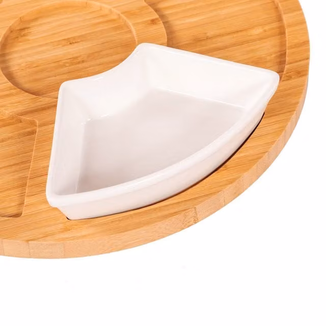 Oypla Rotating Bamboo Lazy Susan Serving Platter with Ceramic Dishes in White and Brown