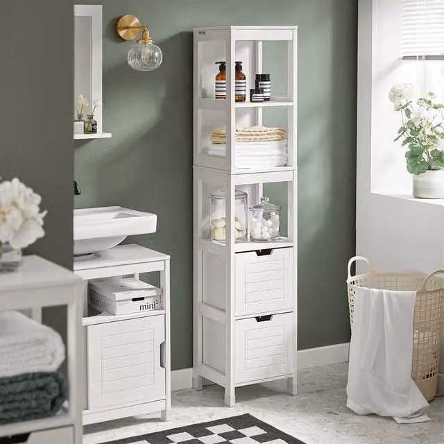 SoBuy Slim Tall Storage Cabinet with 3 Shelves and 2 Drawers in White, H 144 cm x W 30 cm – 1