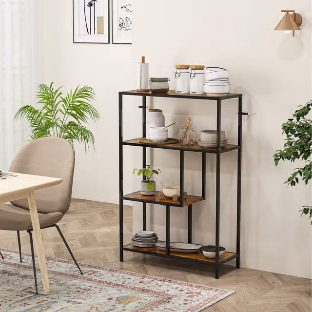 HOMCOM 4-Tier Industrial Bookshelf with Open Shelves in Rustic Brown and Black