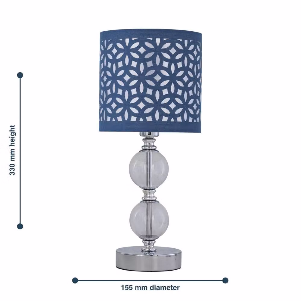 First Choice Lighting Chrome Two Ball Table Lamp with Navy Blue Cut Out Fabric Shade in Silver, H 33.0 cm x W 15.5 cm x D 15.5 cm – 5