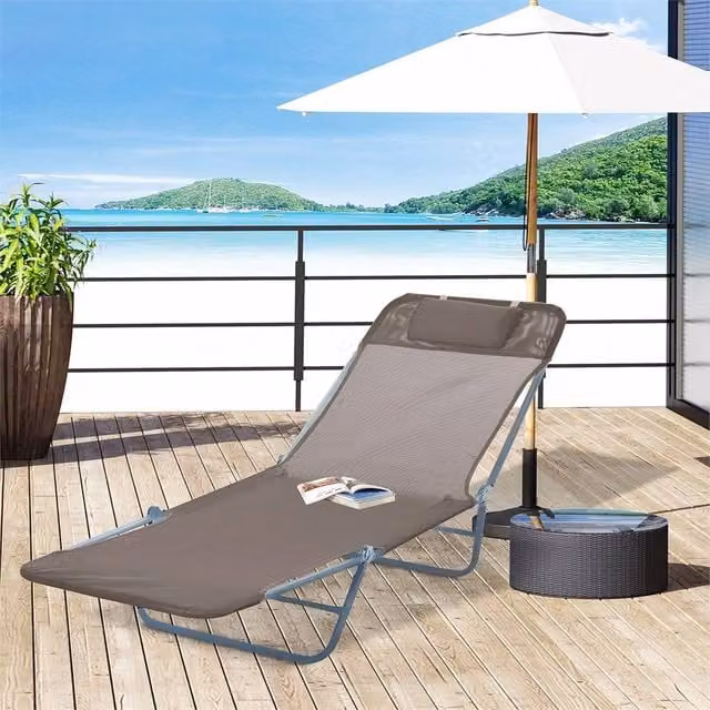 EONLION Brown Garden Lounger Recliner Chair with Adjustable Headrest and Textilene Fabric